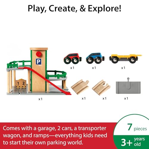 BRIO World Parking Garage - 7-Piece Wooden Toy Garage with 2 Cars, 1 Transporter Wagon, and Wooden Ramp Tracks - Works with All BRIO Train Sets - FSC-Certified - Sparks Creativity & Fun - Ages 3 & Up - Image 2