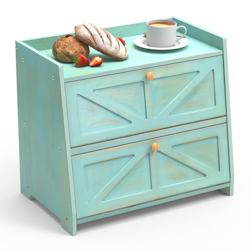 Trironsun Vintage Double Layer Bread Box for Kitchen Counter Bamboo Bread Storage Container Large Capacity Bread Storage Bin (Antique Blue) - Image 1
