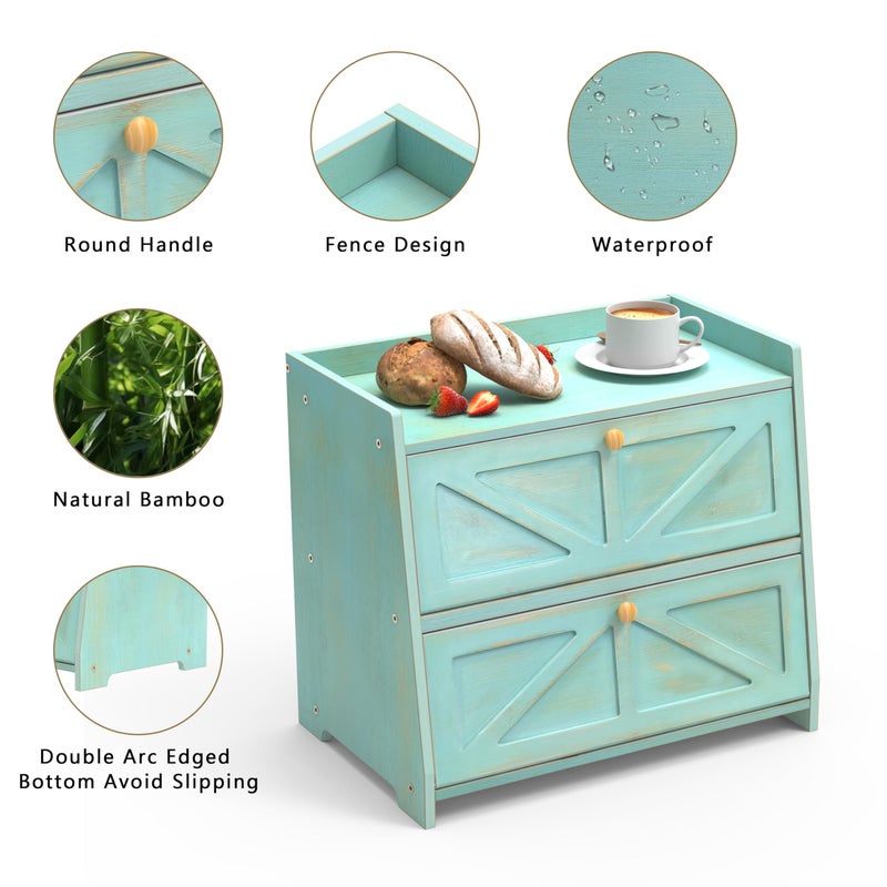 Trironsun Vintage Double Layer Bread Box for Kitchen Counter Bamboo Bread Storage Container Large Capacity Bread Storage Bin (Antique Blue) - Image 4