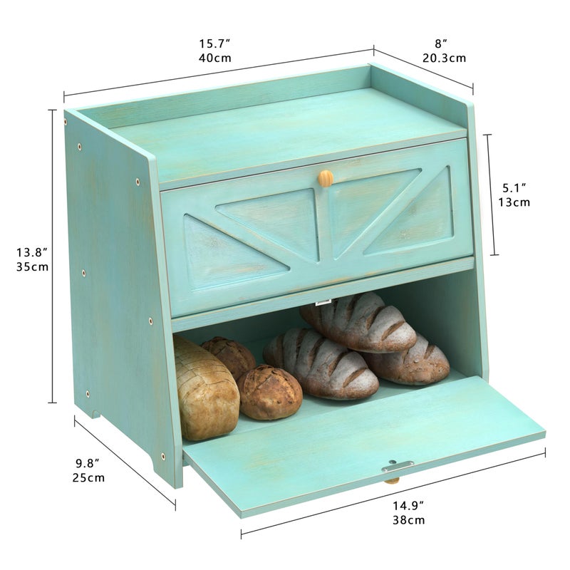 Trironsun Vintage Double Layer Bread Box for Kitchen Counter Bamboo Bread Storage Container Large Capacity Bread Storage Bin (Antique Blue) - Image 5