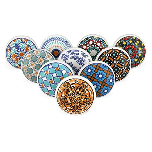 Craft Trade Mandala Ceramic Knobs for Door Drawer Vintage Assorted Colourful Pottery Drawer Handle Pulls for Kitchen Cabinets, Wardrobe and Cupboards - Pack of 10, Multicolor - Image 1