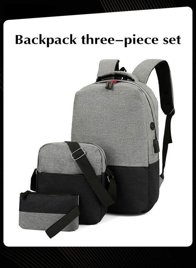 3 Piece Simple Computer Bag Large Capacity School Backpack with USB Charging Port Grey for Middle High School Students - Image 1