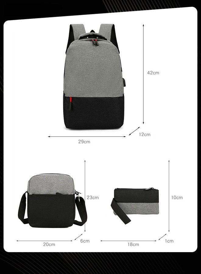 3 Piece Simple Computer Bag Large Capacity School Backpack with USB Charging Port Grey for Middle High School Students - Image 5