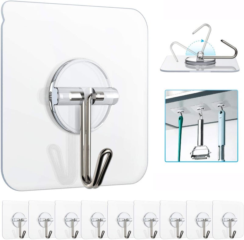 JIALTO 10 Pcs Adhesive Hooks Kitchen Wall Hooks-Heavy Duty 5 Kg (Max) Nail Free Sticky Hangers with Stainless Hooks Reusable Utility Towel Bath Ceiling Hook - Image 1