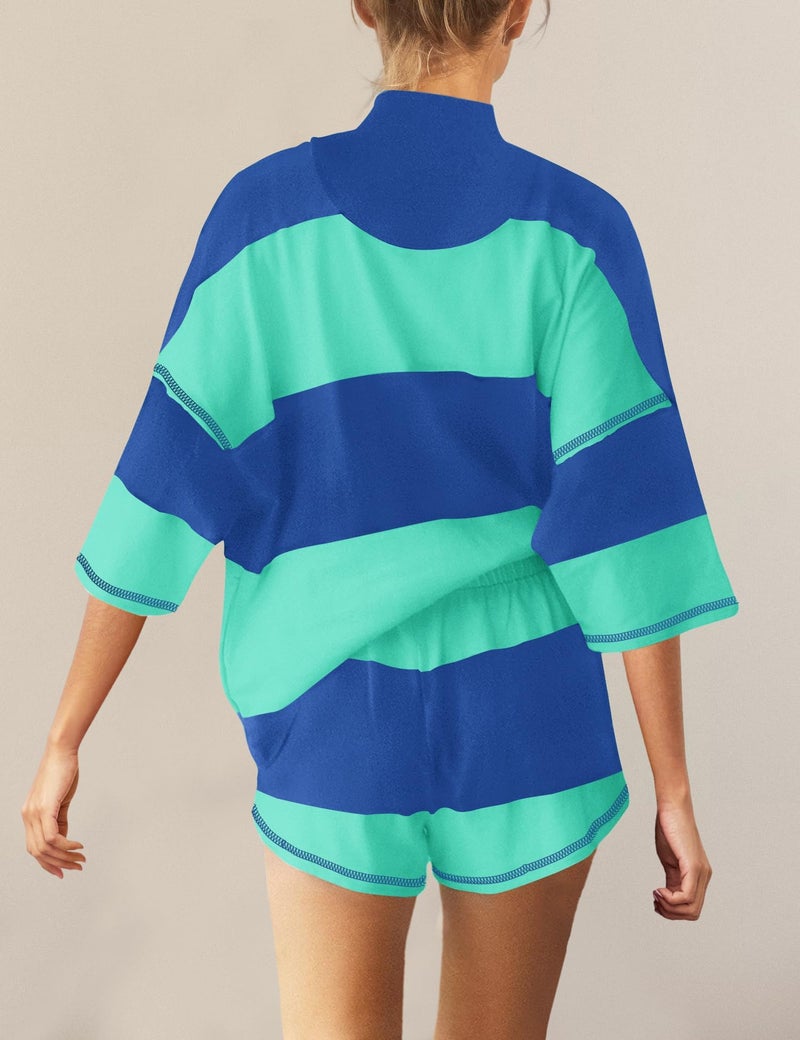 Panadila Women Striped Workout Set Two Piece Outfit Tracksuit Oversized Lounge Set Top and Shorts Sets with Pockets(Blue Green Combo,S) - Image 3