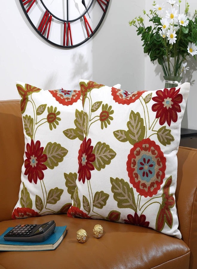 Oneslong Throw Pillow Case Covers 18x18 inch Set of 2 Decorative Floral Embroidered Design on Solid Natural White Background for Couch, Sofa, Bed - Cushion Not Included - Image 2