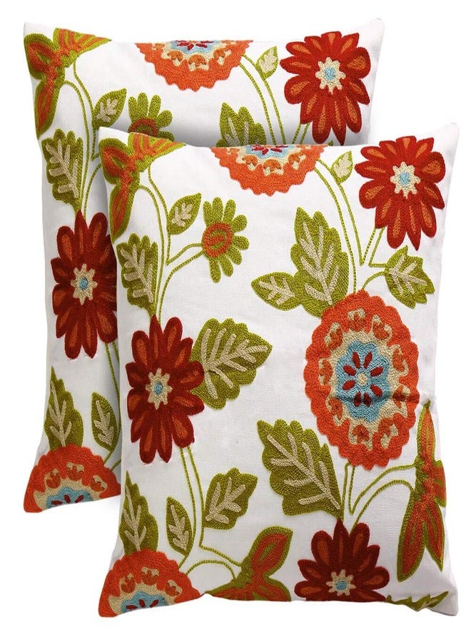 Oneslong Throw Pillow Case Covers 18x18 inch Set of 2 Decorative Floral Embroidered Design on Solid Natural White Background for Couch, Sofa, Bed - Cushion Not Included - Image 1