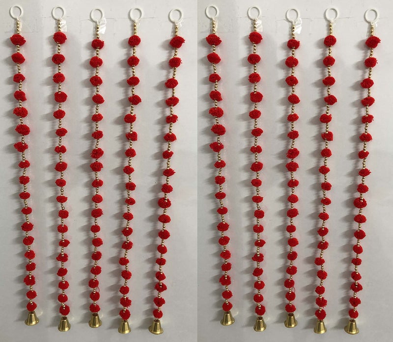 Aahum Handmade Wall Door Hangings 1 Ft.Strings Red Pom Pom Torans Garland Bandhwar Golden Bells Temple,Ganesha Decoration Home Décor Diwali,Festival,Navratri,Wedding,Party(1 FT 10 Strings) - Image 1