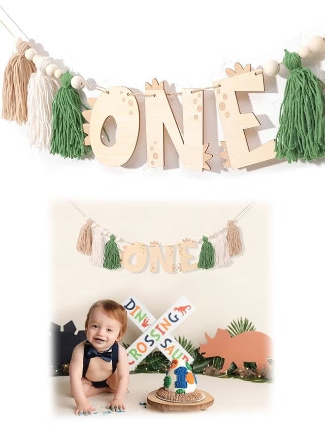 Dinosaur 1st Birthday High Chair Banne, Dinosaur First Birthday Decorations Boy, Wooden One Tassel Highchair Banner, Boy’s 1st Birthday Decor (green) - Image 1