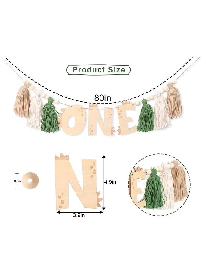 Dinosaur 1st Birthday High Chair Banne, Dinosaur First Birthday Decorations Boy, Wooden One Tassel Highchair Banner, Boy’s 1st Birthday Decor (green) - Image 3