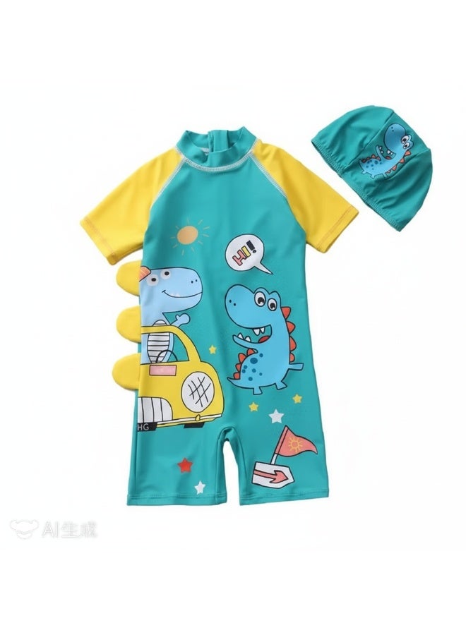 Y&D 2-piece fashionable boy cartoon printed one piece swimsuit short sleeved sun protection children's water sports with hat 80-90cm - Image 1