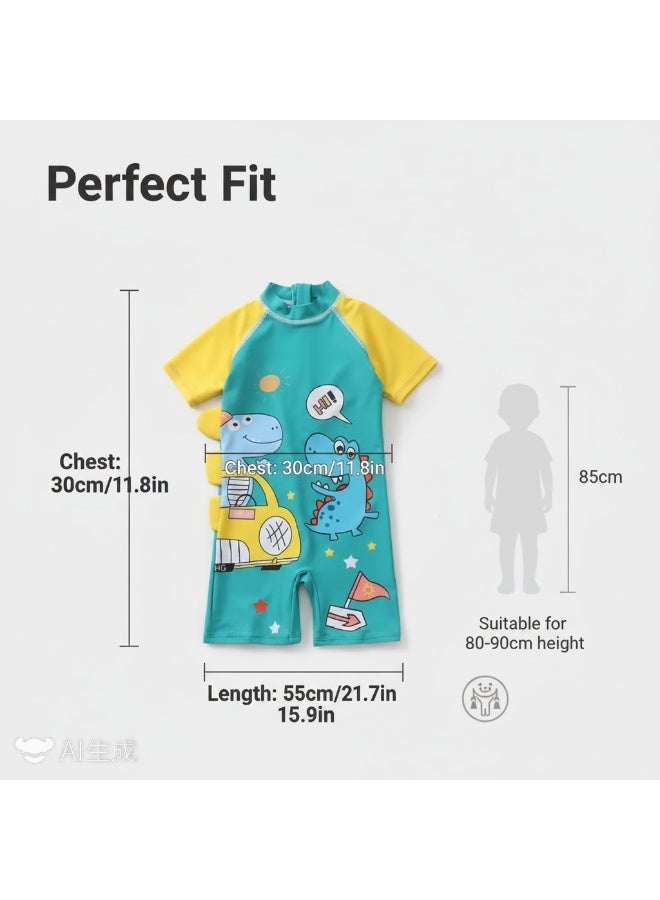 Y&D 2-piece fashionable boy cartoon printed one piece swimsuit short sleeved sun protection children's water sports with hat 80-90cm - Image 2