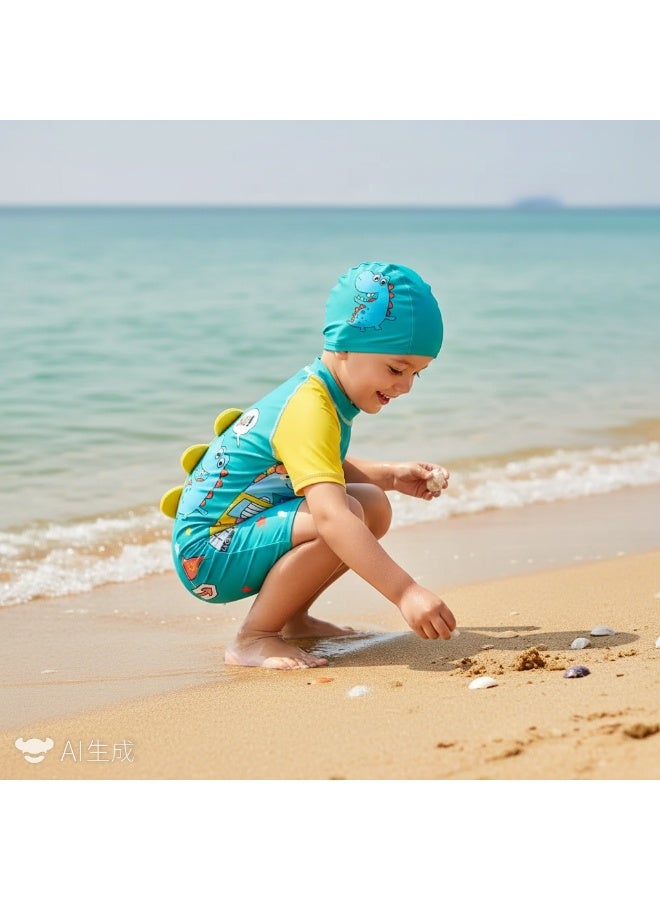 Y&D 2-piece fashionable boy cartoon printed one piece swimsuit short sleeved sun protection children's water sports with hat 80-90cm - Image 3