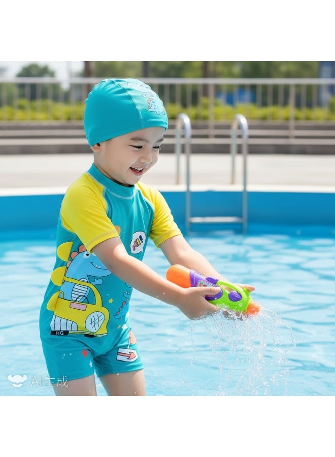 Y&D 2-piece fashionable boy cartoon printed one piece swimsuit short sleeved sun protection children's water sports with hat 80-90cm - Image 4