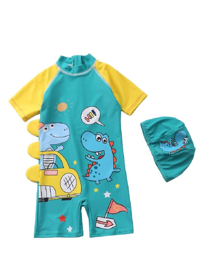 Y&D 2-piece fashionable boy cartoon printed one piece swimsuit short sleeved sun protection children's water sports with hat 80-90cm - Image 1