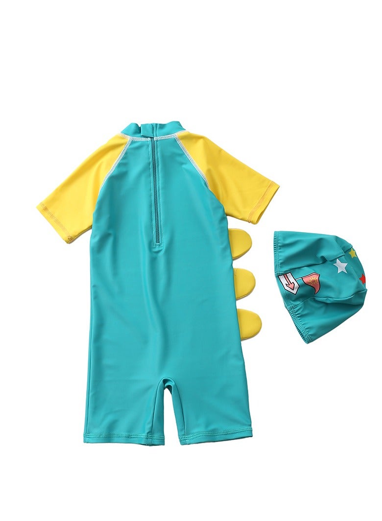 Y&D 2-piece fashionable boy cartoon printed one piece swimsuit short sleeved sun protection children's water sports with hat 80-90cm - Image 2
