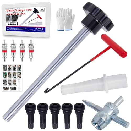 Richcat Quick Change Tire Valve Tool Kit,Tire Valve Stem Core Quickly Replacement Tool Kit,Perfect Tool for Replacing Leaky Valves in Cars,ATVs,Trucks,Motorcycles, etc.with 5 TR413 Valve,4-Way Valve Tool - Image 1