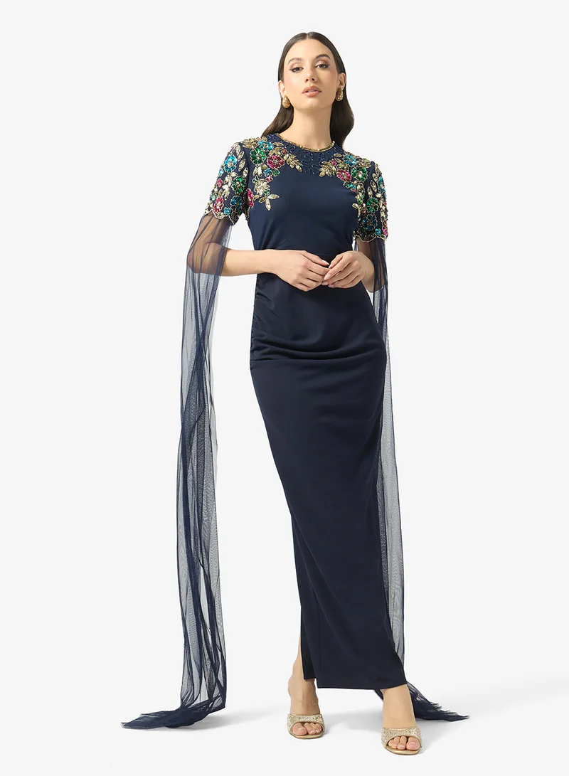 Fernanda Cape Sleeve Beaded Ruched Maxi Dress