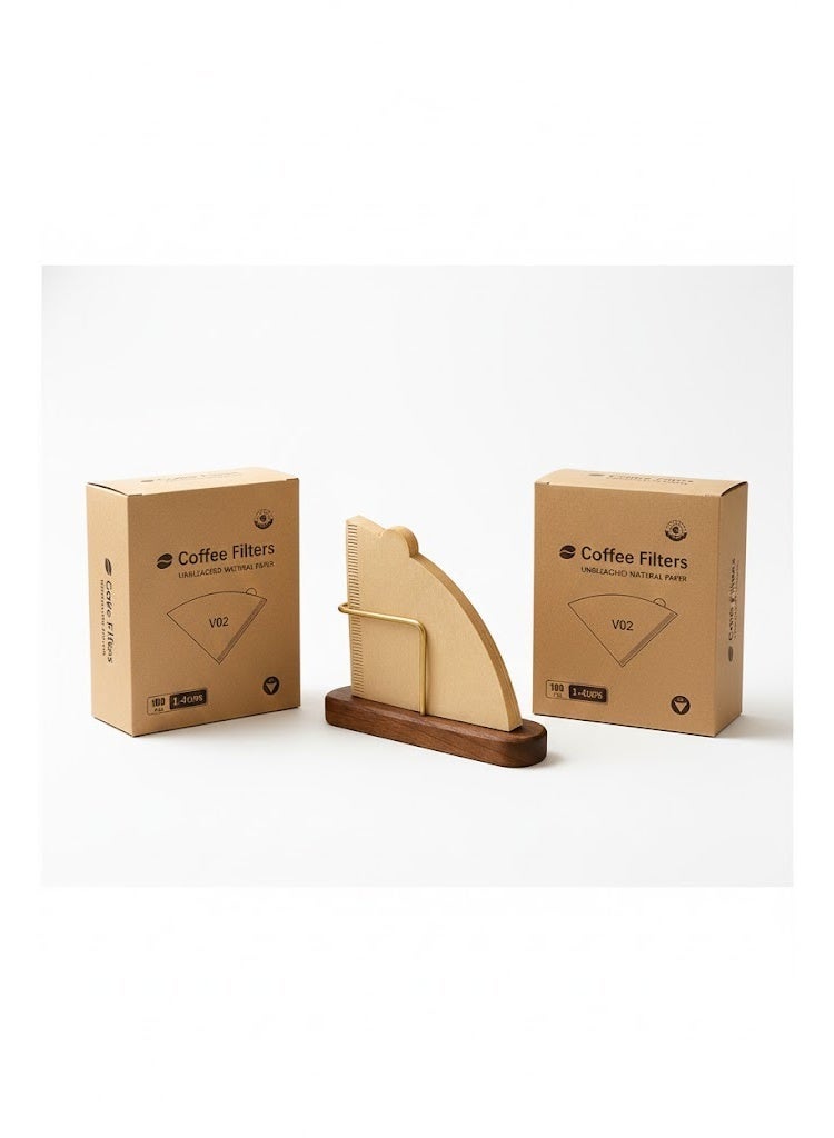 Cone Coffee Filter Holder Walnut & Brass Stand for V60 #01/#02 + Size 02 Unbleached Coffee Filters 200-Count (2 Packs of 100) Bundle for Pour Over & Drip Coffee Maker - Image 1
