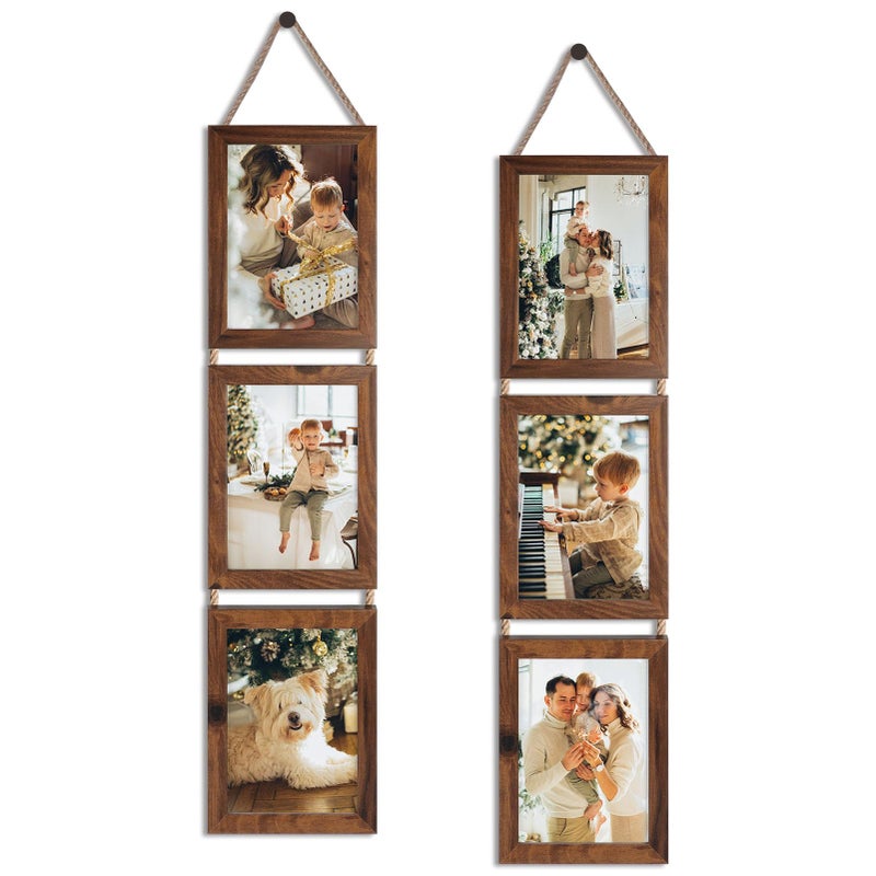 QUTREY 5x7 Collage Picture Frames, 6 Openings Hanging Photo Frame Set Display Vertical 5 by 7 inch Pictures for Wall Decor, Rustic Walnut Brown, 2 Pack - Image 1