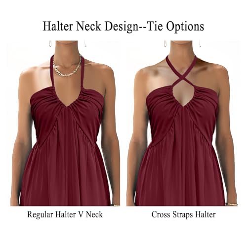 RANPHEE Maroon Dress for Women 2025 Summer Wedding Guest Boho Beach Halter V Neck Sexy Smocked Low Back Flowy A Line Floor Length Chiffon Dresses Vestidos Verano Mujer S - Image 5