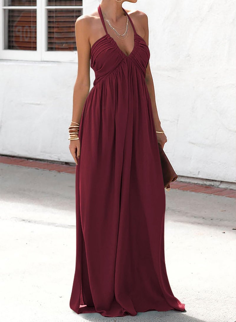RANPHEE Maroon Dress for Women 2025 Summer Wedding Guest Boho Beach Halter V Neck Sexy Smocked Low Back Flowy A Line Floor Length Chiffon Dresses Vestidos Verano Mujer S - Image 3