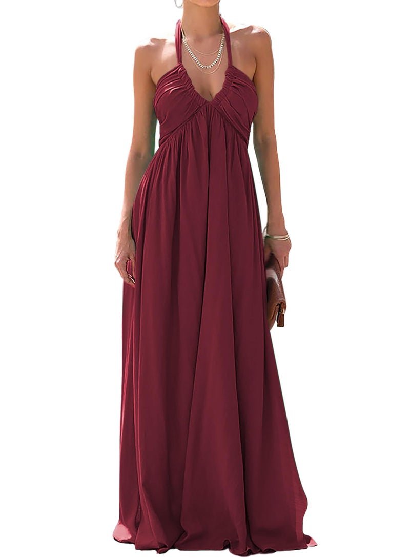 RANPHEE Maroon Dress for Women 2025 Summer Wedding Guest Boho Beach Halter V Neck Sexy Smocked Low Back Flowy A Line Floor Length Chiffon Dresses Vestidos Verano Mujer S - Image 1