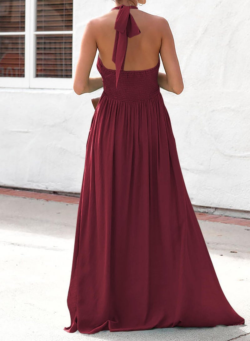 RANPHEE Maroon Dress for Women 2025 Summer Wedding Guest Boho Beach Halter V Neck Sexy Smocked Low Back Flowy A Line Floor Length Chiffon Dresses Vestidos Verano Mujer S - Image 2