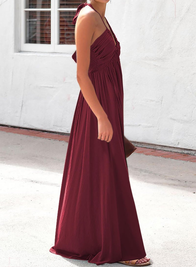 RANPHEE Maroon Dress for Women 2025 Summer Wedding Guest Boho Beach Halter V Neck Sexy Smocked Low Back Flowy A Line Floor Length Chiffon Dresses Vestidos Verano Mujer S - Image 4