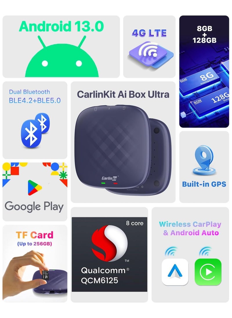 Carlinkit - Carlinkit Ai Box Max Android 13، 3 في 1 لترقية كابل OEM CarPlay Android Auto Wireless، 8 core 8GB+128GB، موسيقى فيديو GPS مدمجة تدعم Google Play - Image 1