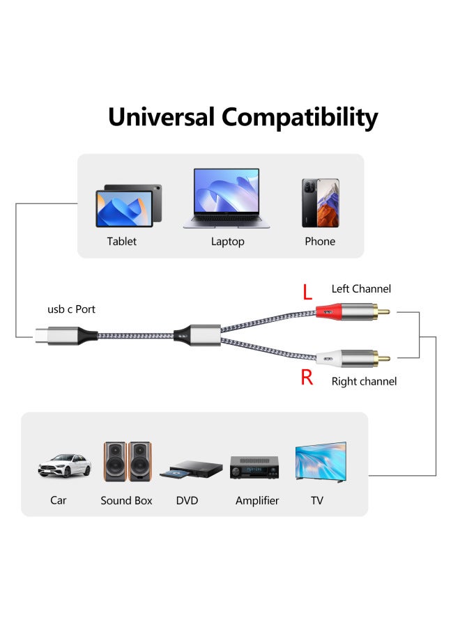 Type-c One Minute Two Turn RCA Audio Cable Usb C Turn Double Lotus Audio Cable Audio Computer Mobile Phone Cable-Color:Gray-Length:100cm  - Image 2