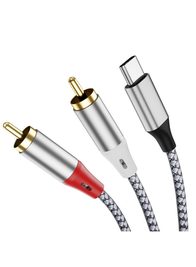 Type-c One Minute Two Turn RCA Audio Cable Usb C Turn Double Lotus Audio Cable Audio Computer Mobile Phone Cable-Color:Gray-Length:100cm  - Image 1