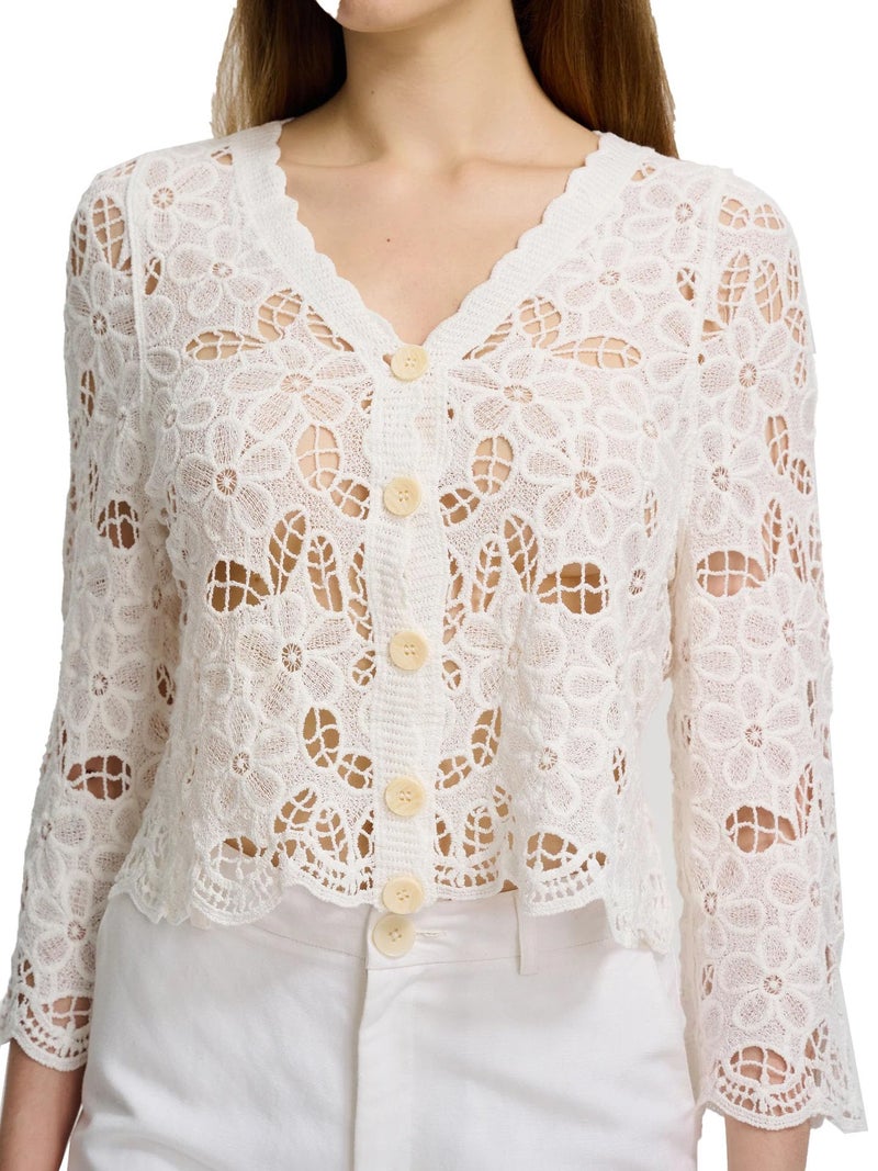 ICW Women Knitted Boho V-Neck Long Sleeve Crochet Hollow Out Openwork Floral Embroidery Top Shirt DN33086 (in, Alpha, M, Regular, White) - Image 1