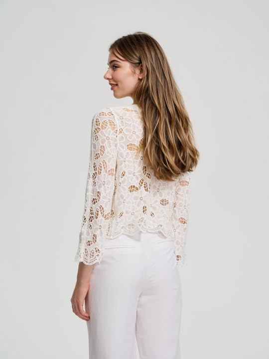 ICW Women Knitted Boho V-Neck Long Sleeve Crochet Hollow Out Openwork Floral Embroidery Top Shirt DN33086 (in, Alpha, M, Regular, White) - Image 4