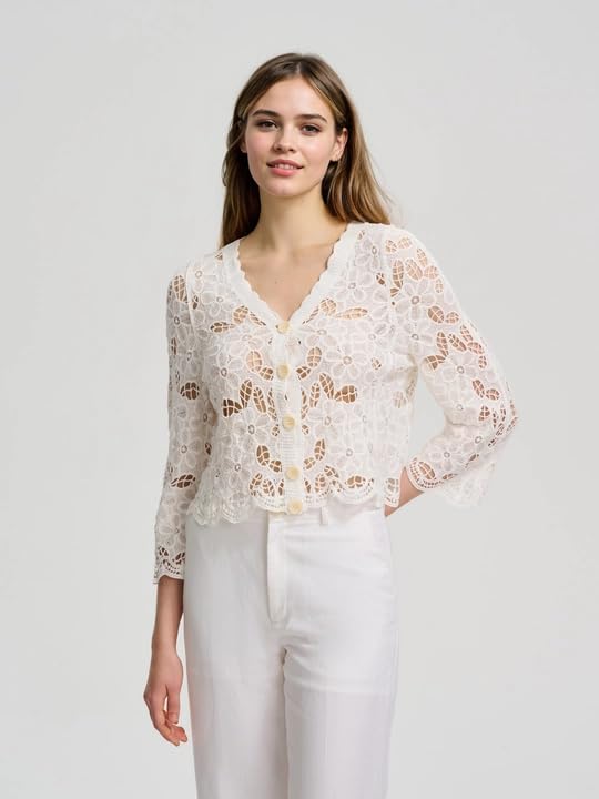 ICW Women Knitted Boho V-Neck Long Sleeve Crochet Hollow Out Openwork Floral Embroidery Top Shirt DN33086 (in, Alpha, M, Regular, White) - Image 2