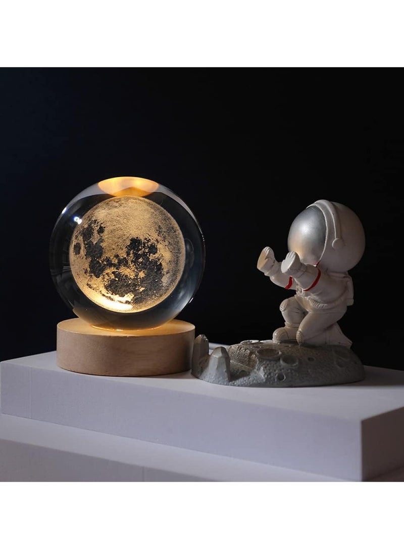 JOGAMS 3D Clear Moon Glass Crystal Ball LED Night Light with Wooden Base Ornaments Gifts Decorative Lamp with Touch Switch - Image 3