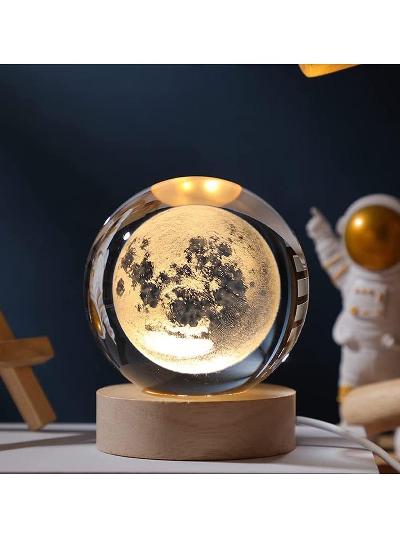 JOGAMS 3D Clear Moon Glass Crystal Ball LED Night Light with Wooden Base Ornaments Gifts Decorative Lamp with Touch Switch - Image 1