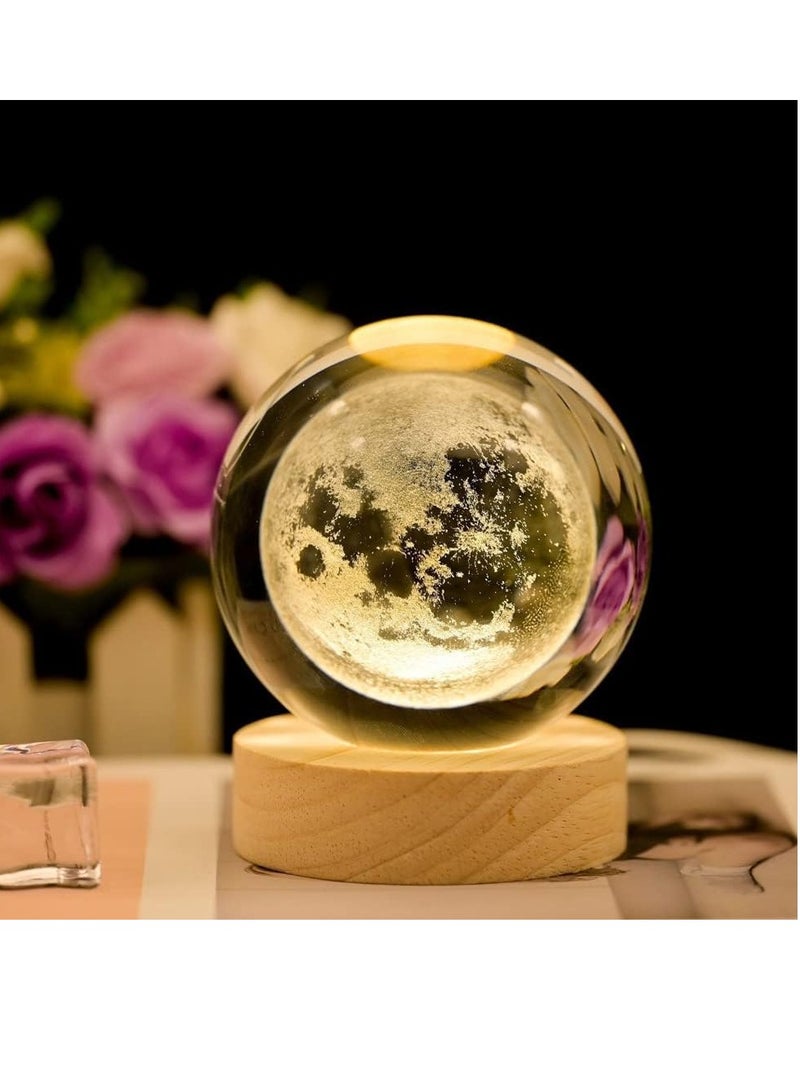 JOGAMS 3D Clear Moon Glass Crystal Ball LED Night Light with Wooden Base Ornaments Gifts Decorative Lamp with Touch Switch - Image 2