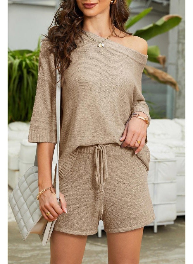 Mafulus Women's Off Shoulder Knit Top, Drawstring Waist Shorts Set (2 Pieces, Khaki) - Image 2