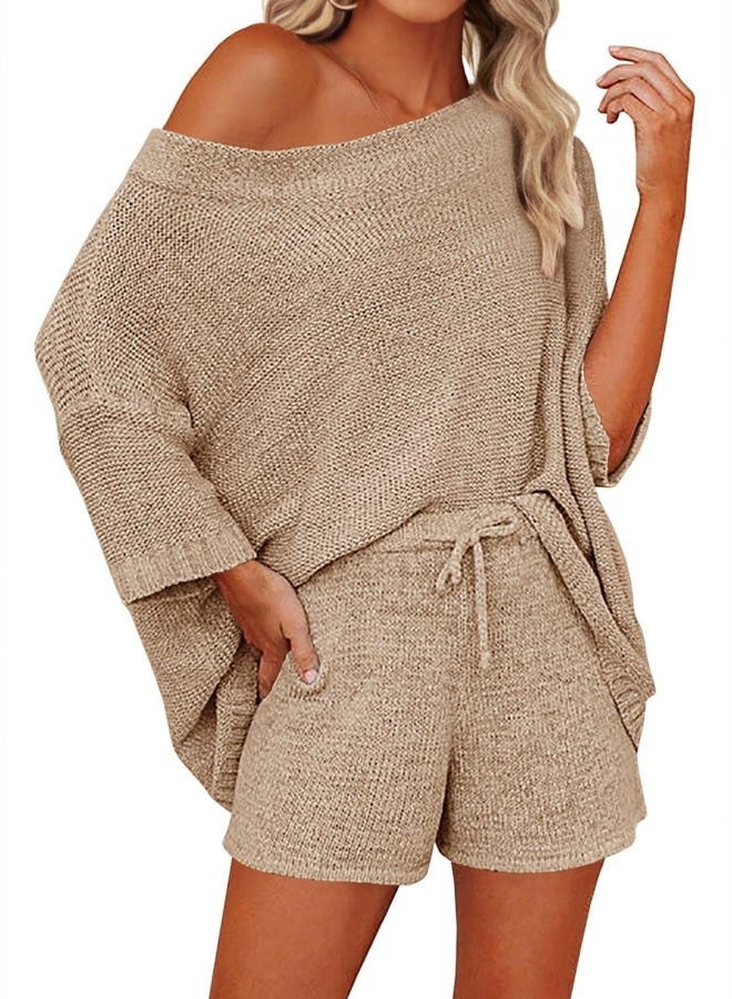 Mafulus Women's Off Shoulder Knit Top, Drawstring Waist Shorts Set (2 Pieces, Khaki) - Image 1