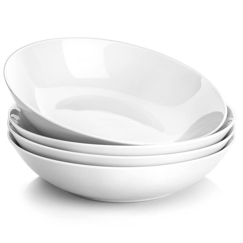 MALACASA Series Regular 8 Pasta Bowl Porcelain Salad Pasta Bowl Large Ceramic White Soup Bowl Set Serving Plates for Salad Pasta Soup Fruit Microwave Dishwasher Safe Set of 4