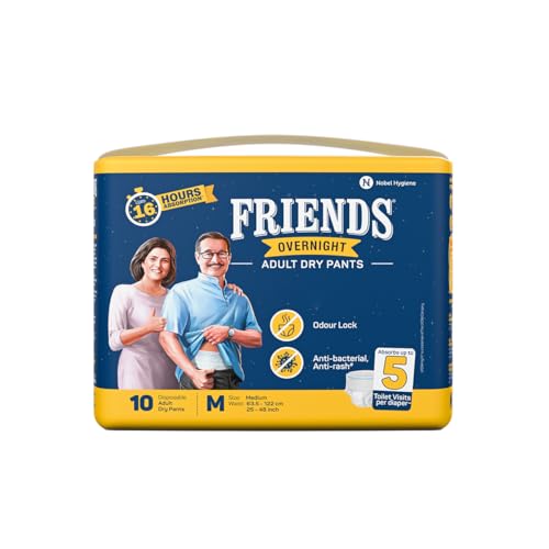 Friends Overnight Adult Diaper M Size Pants | 10 Count (Medium) | Waist 25 – 48 inch | 16 Hrs Protection | Leakproof | Quick & Even Absorption | Unisex | Anti-Rash | Odour Lock | Superior Softness | Elastic Waist & Anti-Bacterial Absorbent Core - Image 1