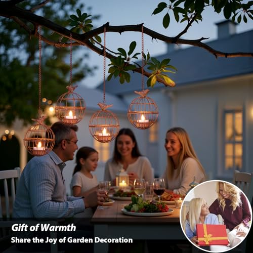 ALL FORTUNE Outdoor Solar Hanging Lantern Lights, 4 Pack Rustic Ball Birdcage Hanging Candle Holder with Solar Tea Lights, Outdoor Waterproof Decorations for Patio, Backyard, Pergola, Tree Decor (Dark Orange) - Image 5