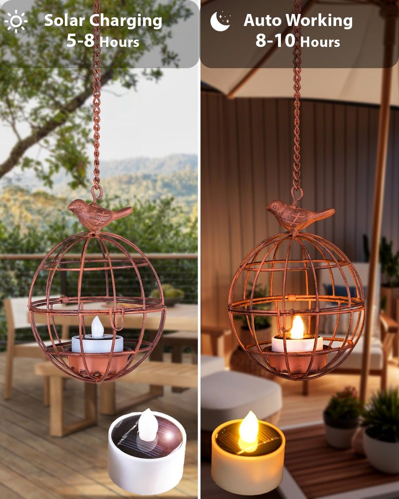 ALL FORTUNE Outdoor Solar Hanging Lantern Lights, 4 Pack Rustic Ball Birdcage Hanging Candle Holder with Solar Tea Lights, Outdoor Waterproof Decorations for Patio, Backyard, Pergola, Tree Decor (Dark Orange) - Image 3