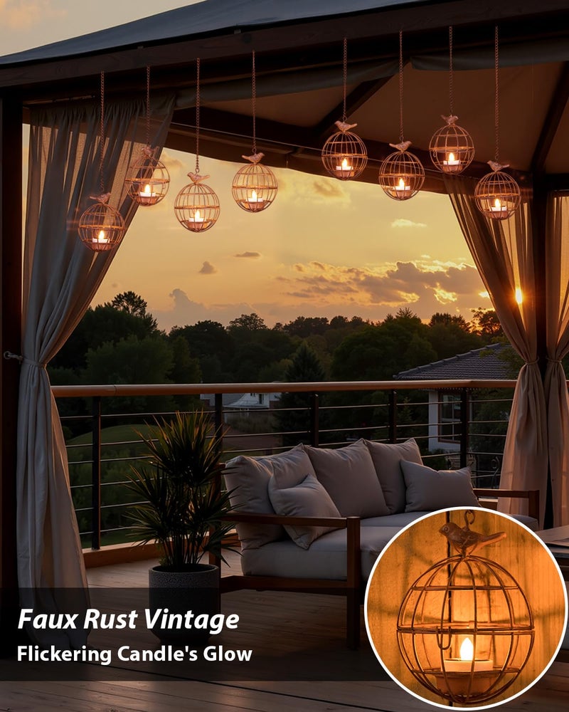 ALL FORTUNE Outdoor Solar Hanging Lantern Lights, 4 Pack Rustic Ball Birdcage Hanging Candle Holder with Solar Tea Lights, Outdoor Waterproof Decorations for Patio, Backyard, Pergola, Tree Decor (Dark Orange) - Image 4
