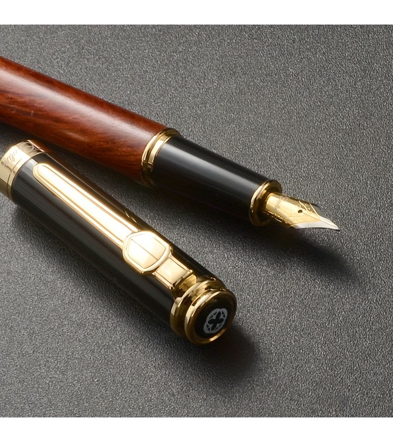 Red Luxury Wooden Fountain Pen with Golden Accents 2.6mm Absorber F Nib Business Stationery - Image 1