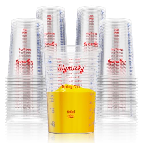 Lilymicky 50 PACK Plastic Measuring Cups, 32 oz (1000ml) Disposable Mixing Cups, Measurement ratios: 2:1, 3:1, 4:1, Perfect for Epoxy Resin, Paint Mixing, Art DIY - Image 1