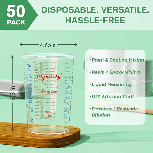 Lilymicky 50 PACK Plastic Measuring Cups, 32 oz (1000ml) Disposable Mixing Cups, Measurement ratios: 2:1, 3:1, 4:1, Perfect for Epoxy Resin, Paint Mixing, Art DIY - Image 2
