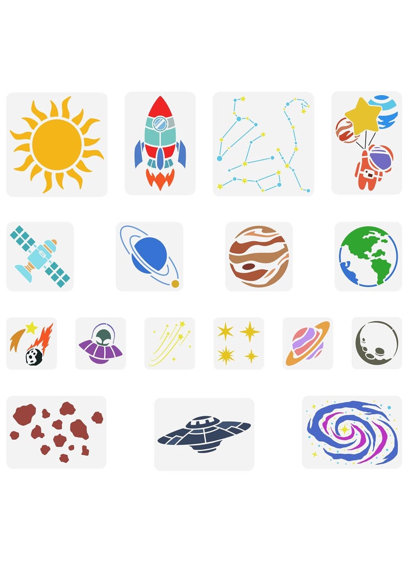 FINGERINSPIRE FINGERINSPIRE 17PCS Space Universe Planet Stencil 11.8"-5.9" Reusable Rocket Galaxy Sun Painting Stencil Spacecraft Star Celestial Body Wall Art Stencil for Scrapbook Photo Album Children Room Decor  - Image 1