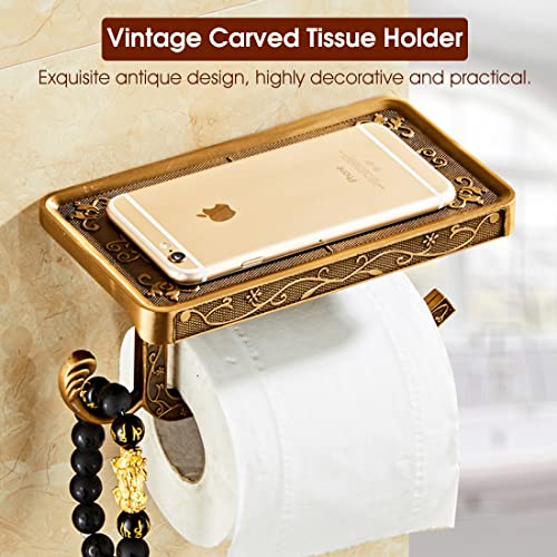 HASTHIP® Toilet Paper Roll Holder with Phone Shelf, Anti-Rust Aluminum Antique 3D Carving Wall-Mounted Toilet Paper Holder for Bathroom Washroom Hotel (7.29 * 3.94 * 3.75inch) - Image 3